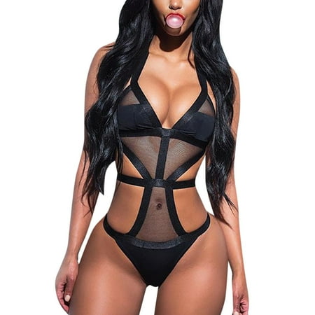 

KDDYLITQ Deep V Neck Plus Size Babydoll Lingerie for Women Teddy Sexy Mesh Snap Crotch Sleepwear Bodysuit One Piece Black XXXL