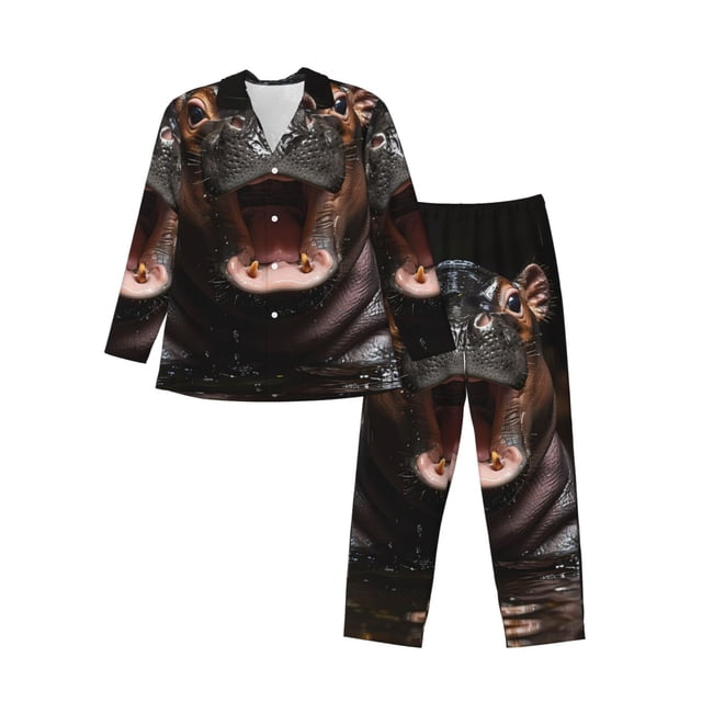 Fotbe Playful Baby Hippo Splash Pijama de Hombre con Estampado de Manga Larga, Conjunto de 2 Piezas, Ropa de Dormir Suave y Cómoda con Bolsillos-Large