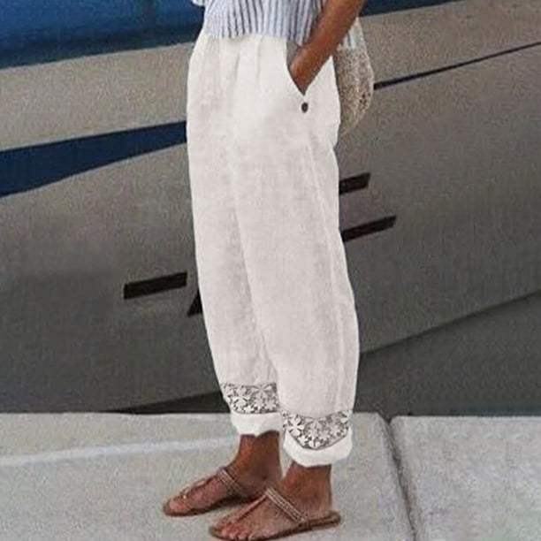 WILLBEST Pantalones Casuales de Lino de Verano Para Mujer, de Pierna Ancha, Con Cintura Elástica, de Color Liso, Para Un Estilo Relajado y Cómodo.