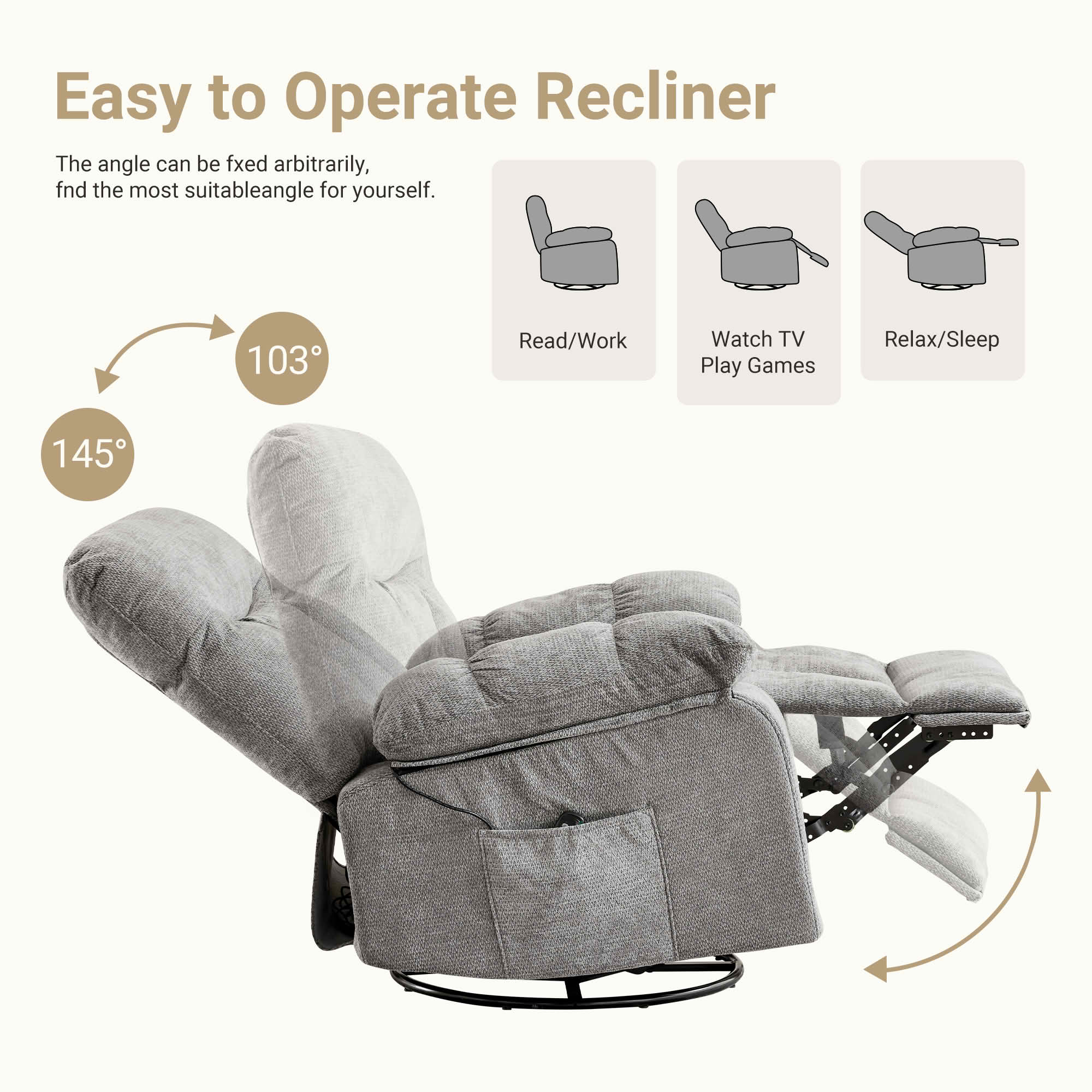 MAYEERTY Ergonomic Adjustable Rocking Rotating Lounge Chair, Vibration Massage Recliner with Lumbar Heating, Chenille Fabric High Load‑Bearing Leisure Chair for Home Use