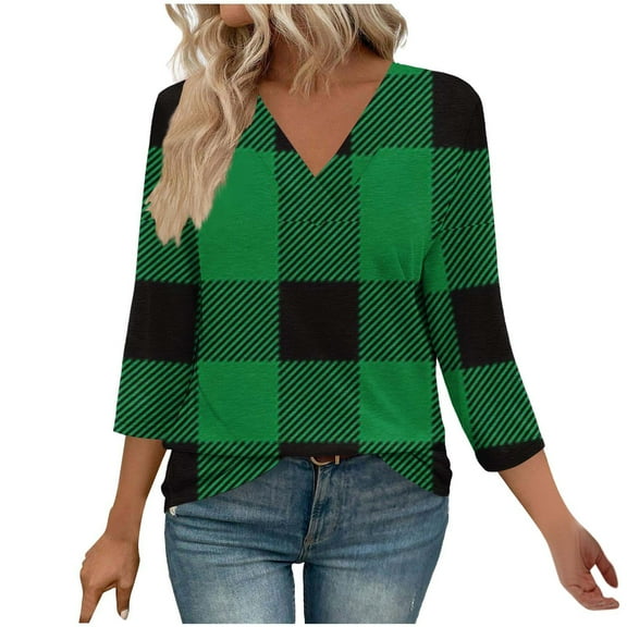 qelini 3/4 Sleeve Blouses for Women Plus Size Plaid Printed Pullover Basic Tee V Neck Tunic Loose Casual Tops