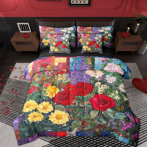Erosebridal Spring Flower Floral Twin Bedding Sets 7-Piece, Retro Artwork Bedding Comforter Set