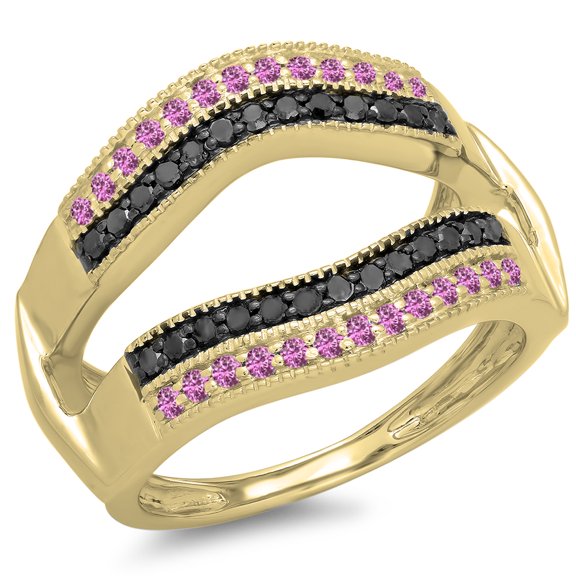 Dazzlingrock Collection 10K Round Pink Sapphire & Black Diamond Double Row Wedding Millgrain Guard Band, Yellow Gold, Size 9.5