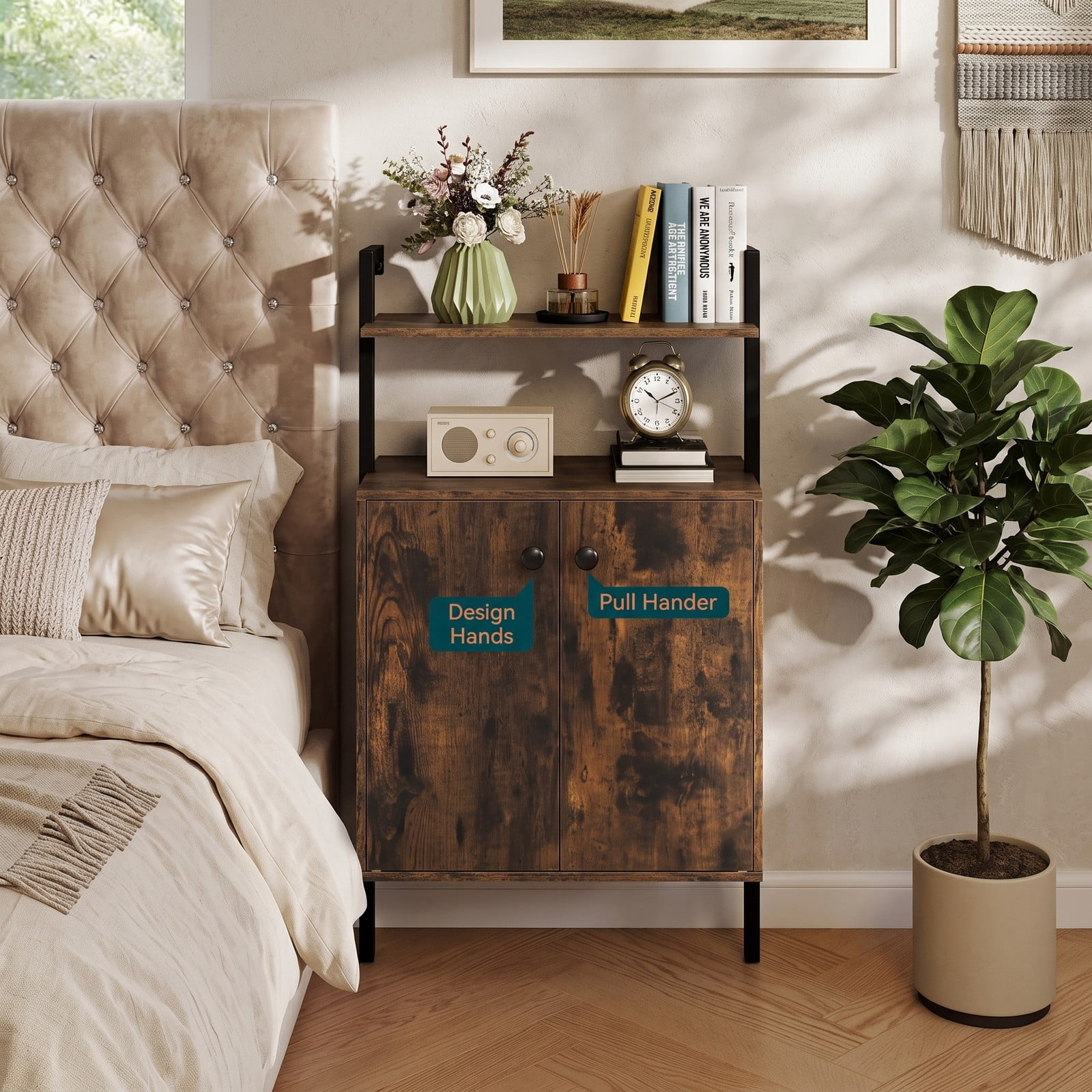 Furnibear 2-Door Wall Mount Bookshelf with Storage Cabinet, Industrial 2-Tier Open Bookcase with Concealed Cabinet, Metal Frame Wall-Mounted Storage, Rustic Brown