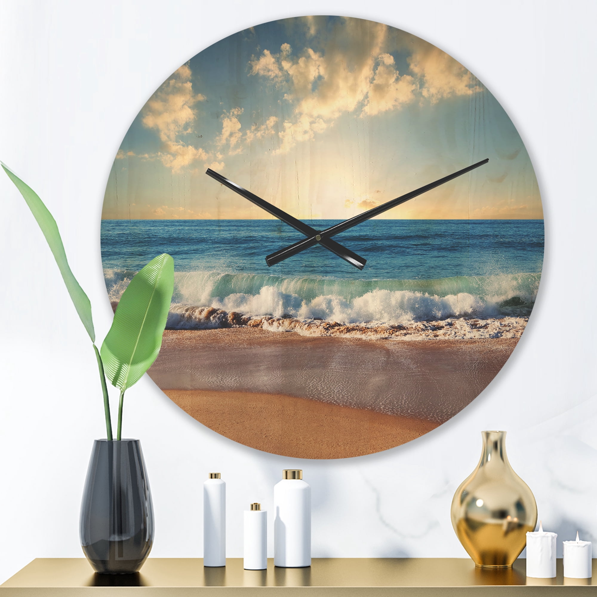 Designart 'Sea Beach Sunset ' Modern Wood Wall Clock