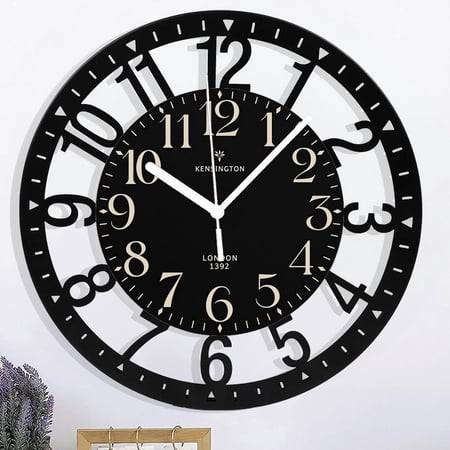 Iron Farmhouse Black Wall Clock - 10 Inch Quartz Battery Operated Vintage Wooden Decorative Silent Analog Clock for Kitchen, Living Room, Bedroom, Office Style 10×10inch(25×25cm)
