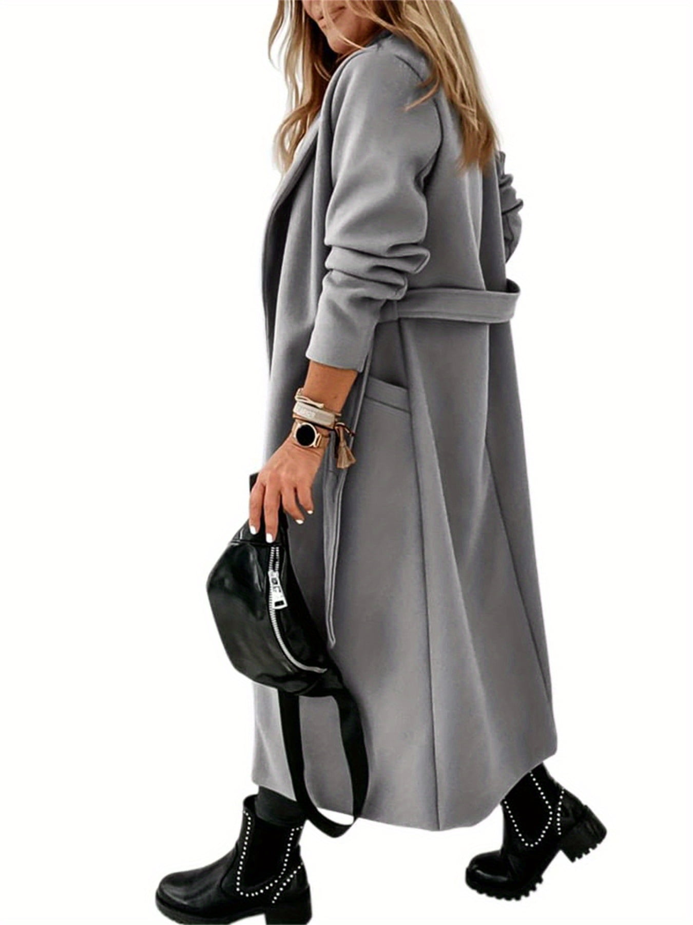 Autumn Winter Womens Classic Coat Lapel Collar Open Front Belted Long Jacket - image 5