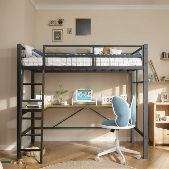 SogesHome Loft Bed with L-Shaped Desk, Charging Station, Safety Guard & Ladder, Twin Size Metal Loft Bed, Black
