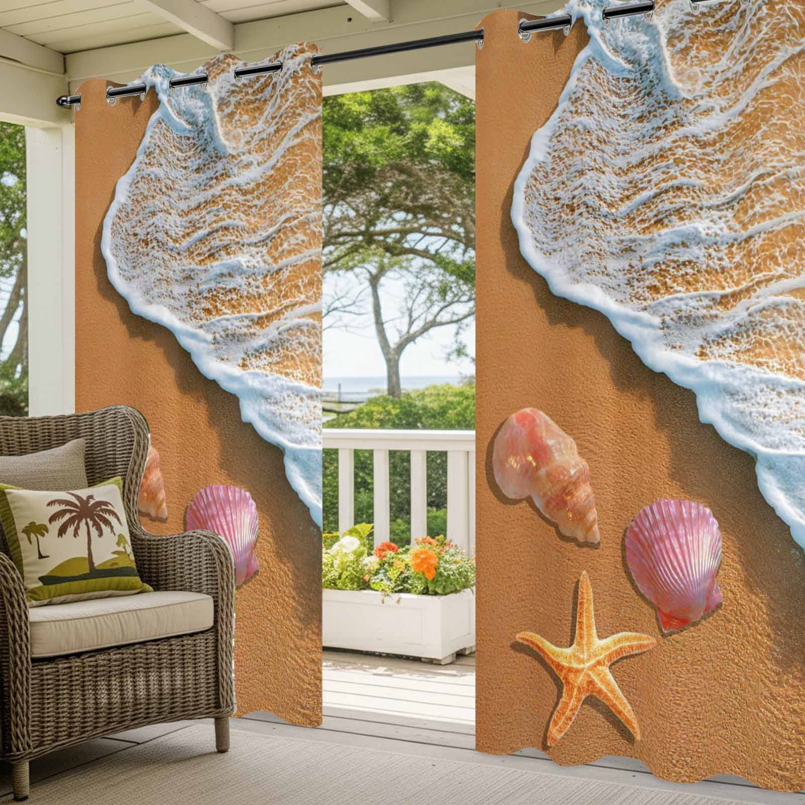 Summer Beach Outdoor Curtains for Patio, Ocean Waves Conch Starfish Shell Coastal Sunshade Privacy Drapes Grommet Waterproof Outside Curtains for Porch/Cabana/Balcony 54"x 108", 1 Panel