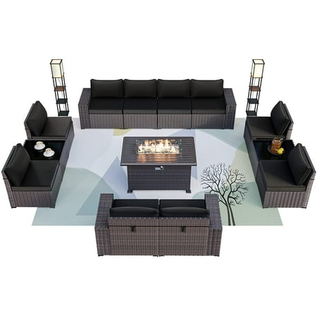 Gotland 13 Pieces Outdoor Patio Furniture Set with Propane 43 Fire Pit Table Outdoor Sectional Sofa Sets Patio PE Rattan Patio Conversation Set (Black)