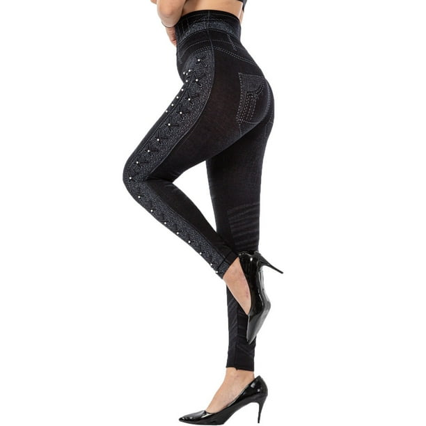 Pisexur Women's yoga pants Casual Imitation Denim Beaded High Stretch Slim  Slim Cropped Trousers 
