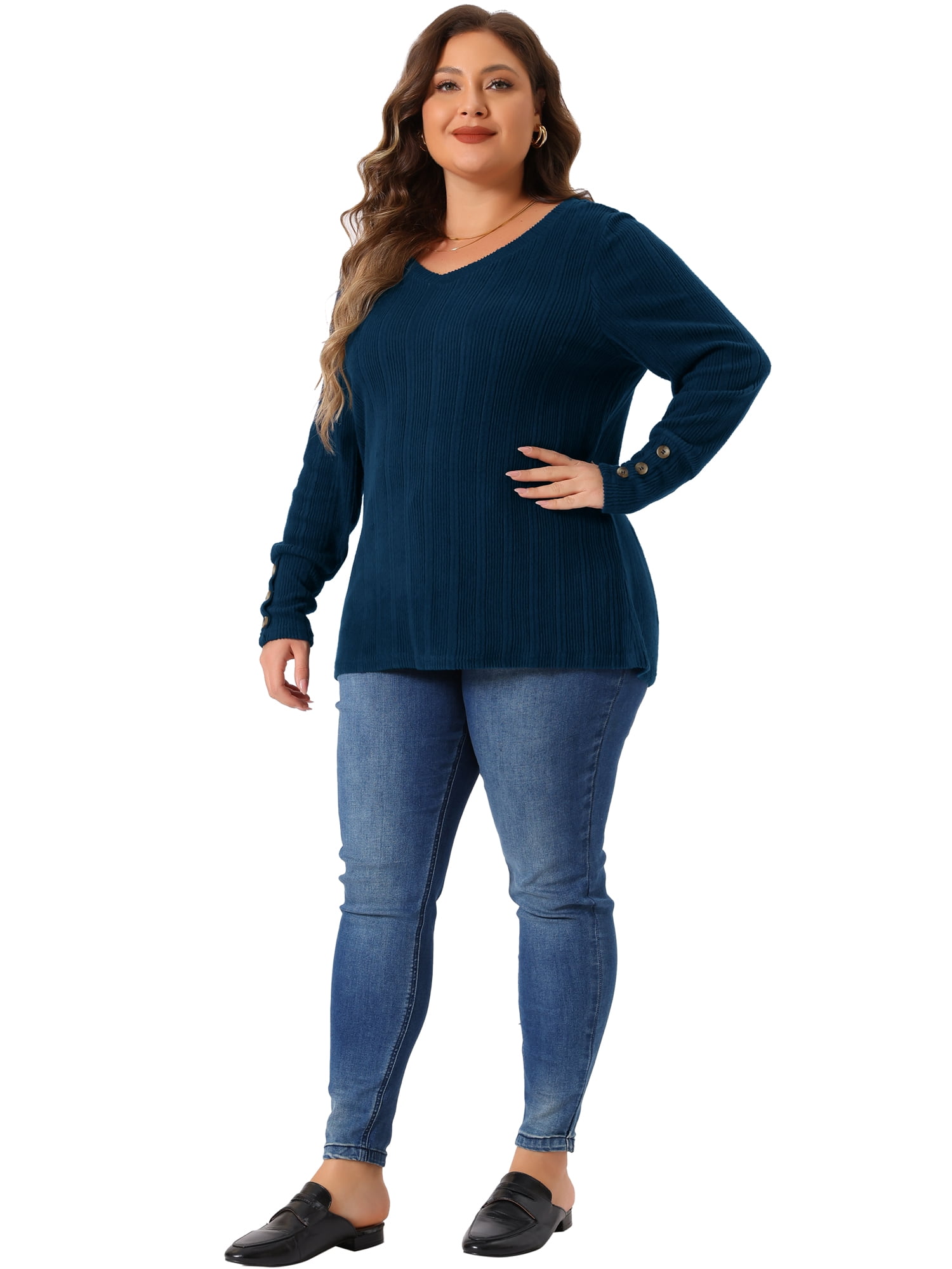 DARING DIVA Women's Plus Knit Tops V Neck Button Stretch Sweater 2X Navy Blue
