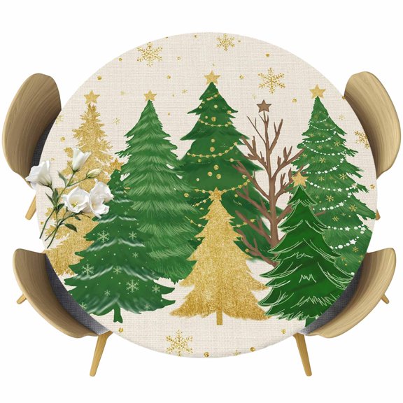 Green Christmas Tree Round Tablecloth, Fitted Table Cover with Elastic for 45"-54" Round Tables, Golden Xmas Tree Winter Snowflake Rustic Table Cloth Outdoor Dinning Party Waterproof Tablecloths