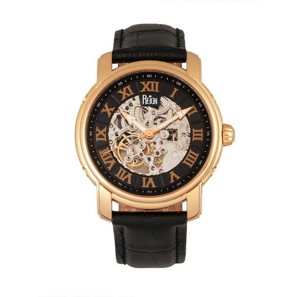 Reloj REIGN Kahn para hombre con correa negra y caja de oro rosa