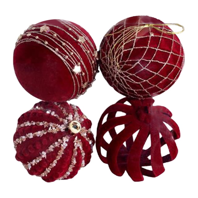 Wmhnj Paquete de 4 bolas navideñas rojas oscuras aterciopeladas con detalles de perlas para decoracin de rboles y escenas festivas.