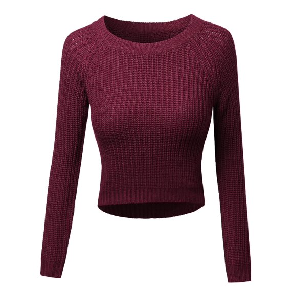 FashionOutfit Women's Long Sleeves Round Neck High-Low Knit Crop Top Sweatshirt