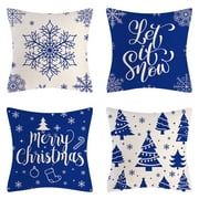 Christmas Pillow Covers, Happiwiz 18×18" Set of 4 Farmhouse Pillow Covers Holiday Rustic Linen Pillow Case for Sofa Couch Christmas Decorations Throw Pillow Covers, Blue