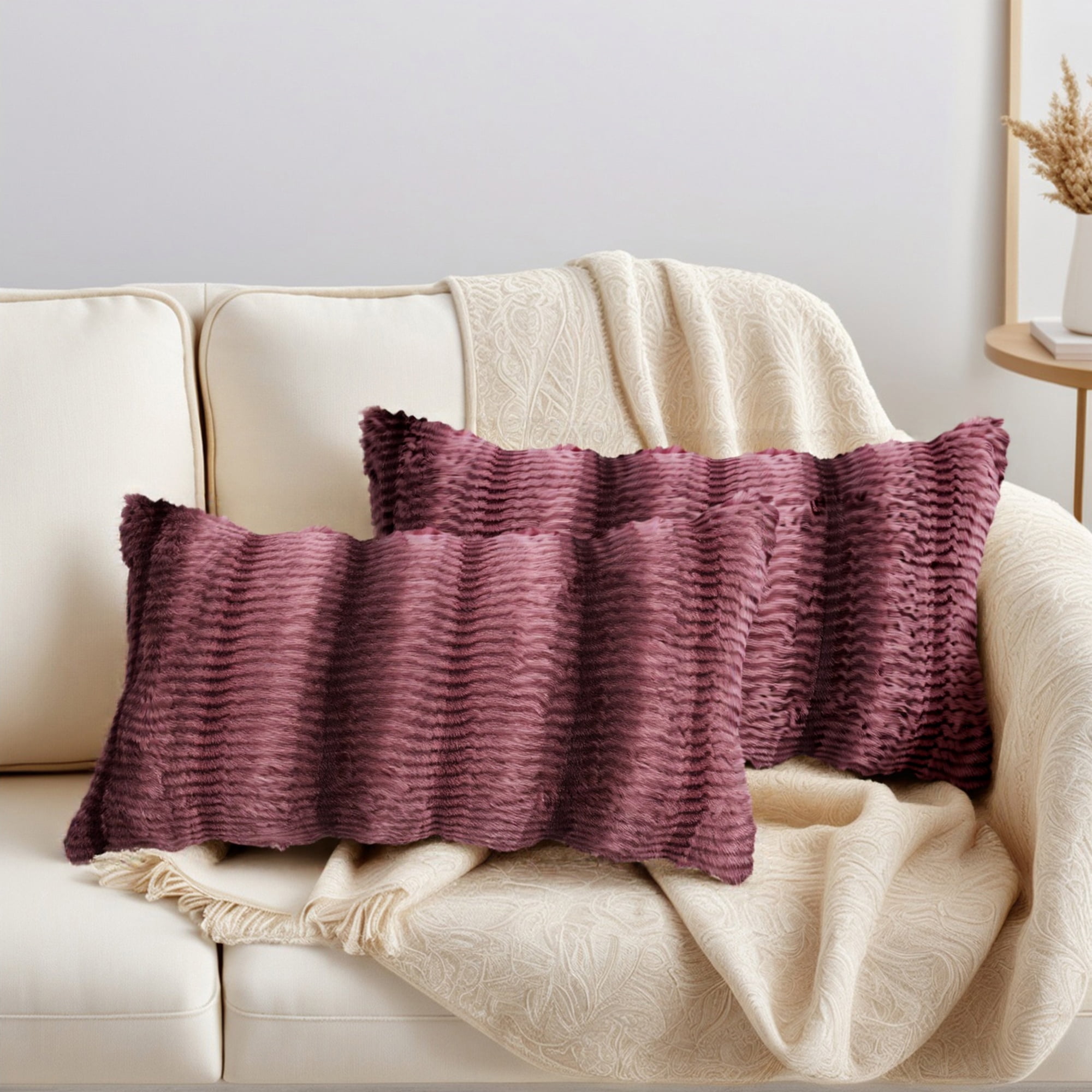 Unique Bargains Pack of 2 Plush Striped Pillow Covers 20" x 12" Claret