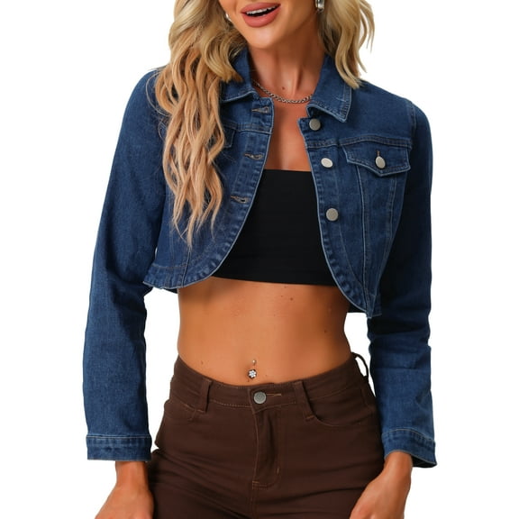 INSPIRE CHIC Casual Denim Jacket for Women's Collared Button Down Long Sleeve Crop Jean Jackets XS Dark Blue
