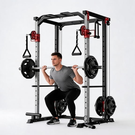 Memoryfield Multi-Functional Fitness Power Cage, 1200LBS Squat Rack with Dual Pulley for Complete Home Strength Workout, Red