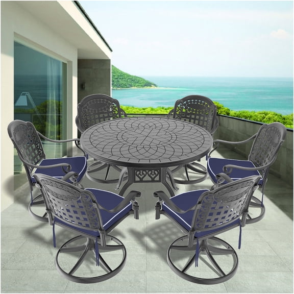 JERFIT 7-Piece Outdoor Patio Dining Set with Swivel Chairs, 47-inch Round Aluminum Table and Cushions, All-Weather Black Furniture
