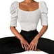 thumbnail image 1 of Camiseta informal de manga abombada con cuello redondo para mujer, camiseta ajustada acanalada de Color puro, Top Beige XL, 1 of 7