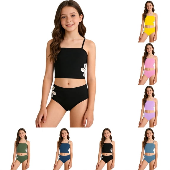 Girls 2 Piece Tankini Swimsuit Side Flower Applique High Waisted Bathing Suits for Girls Summer Beach Swimwear
