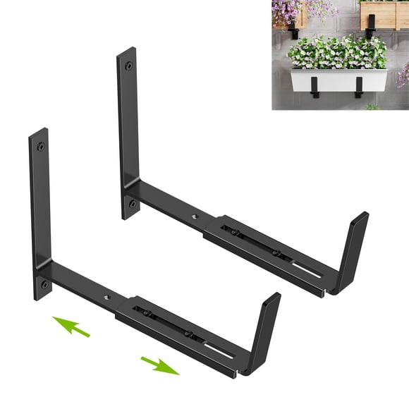 Y&M Adjustable Planter Box Brackets Brackets for Window Boxes Planters 2 Pack Universal Outdoor Hanging Brackets Black Steel Mounting Durable Suitable for Fence Pergola Patio Garden Balcony