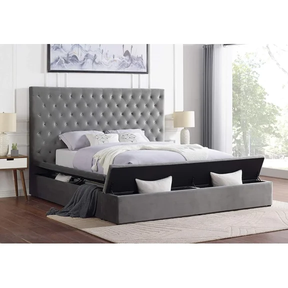 Contemporary California King Storage Bed with Tufted Headboard, Velvet Upholstered Platform Bed, Gray