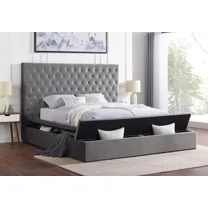 Contemporary Eastern King Storage Bed with Tufted Headboard, Velvet Upholstered Platform Bed, Gray