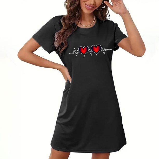 Camisón corto de San Valentín para mujer, talla grande, estampado en el pecho, cuello redondo, manga corta