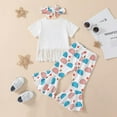 thumbnail image 4 of URMAGIC Toddler Baby Girl Clothes Bell Bottom Outfit Short Sleeve Letters Child Shirt American Flag Flare Pants Summer Clothes 1-5 Years, 4 of 11