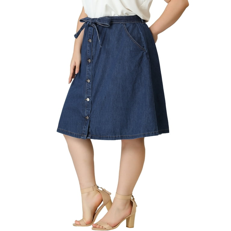 Unique Bargains Women s Plus Size Outfits Tie Waist Button Front Midi Denim Skirt Walmart
