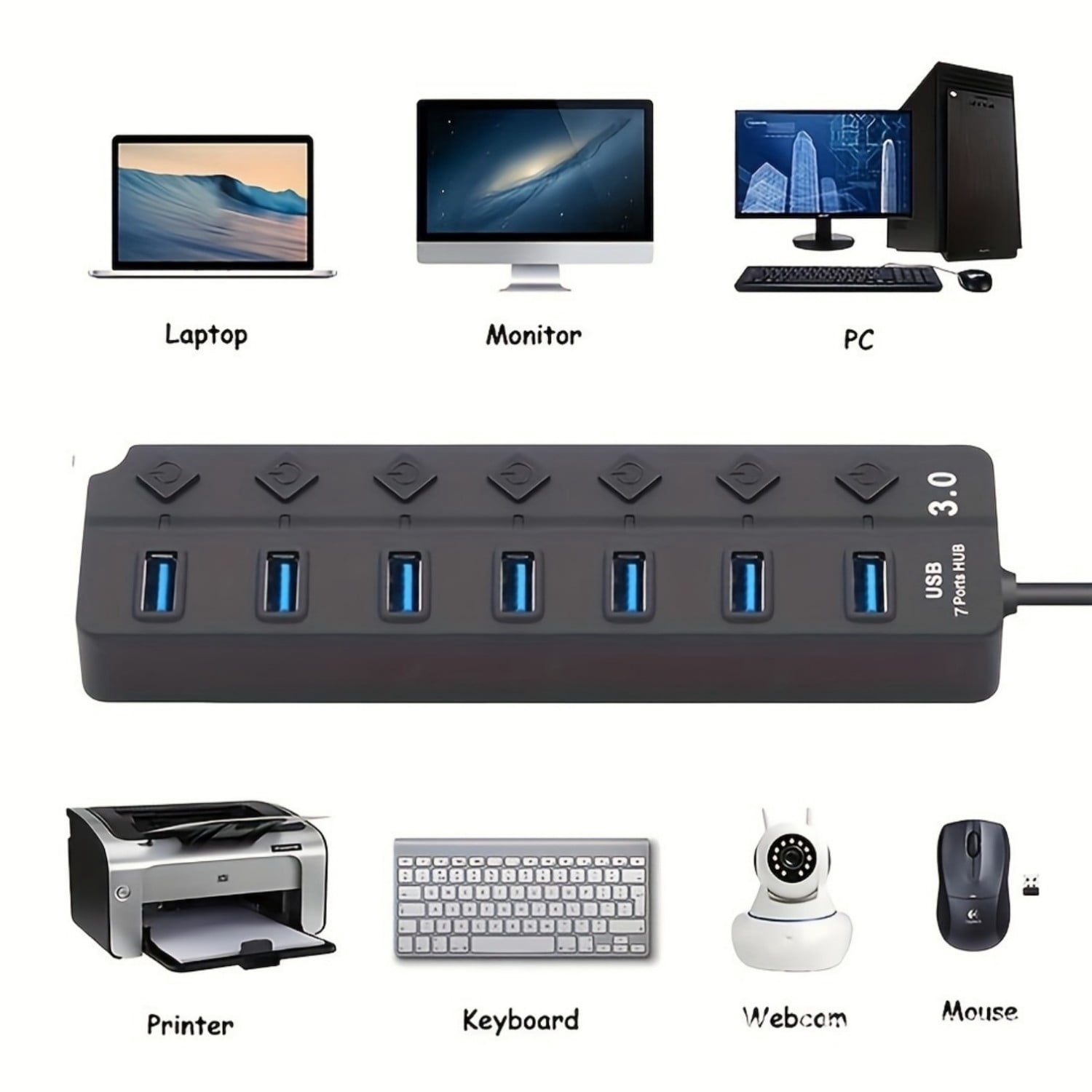 Jous USB Hub Splitter,7 Port  3.0 for Laptop Desktop USB Adapter with Individual Switches