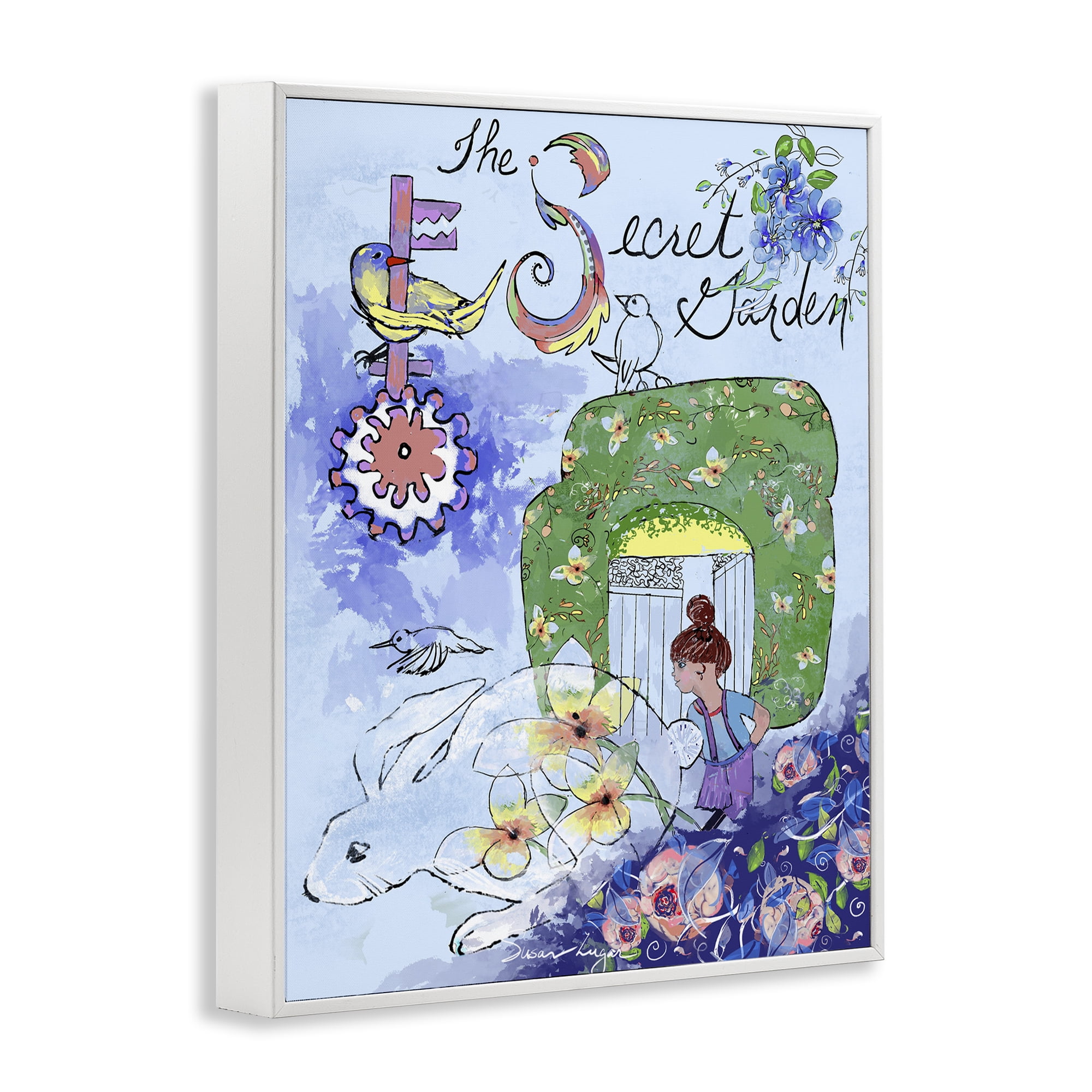 Stupell Industries Secret Garden Folk Illustration White Framed Giclee Art, design by Susan Lugar