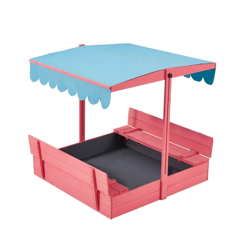 HOMMOW Wooden Sandbox with Lid, with Adjustable Canopy for Outdoor