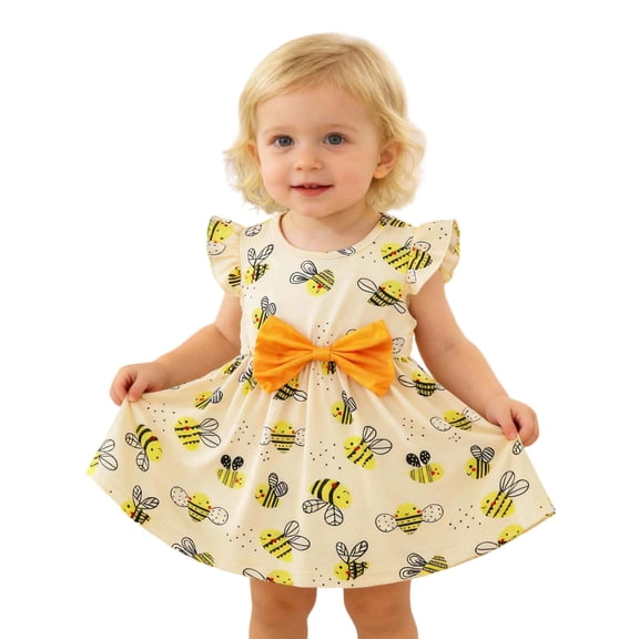 Bainana Yellow Summer Girls Adorable Dress Cartoon Bee Print Ruffled Sleeve Crew Neck Dresses Breathable Soft Baby Girls Toddler Festival Party Dress Size 9-12 Months