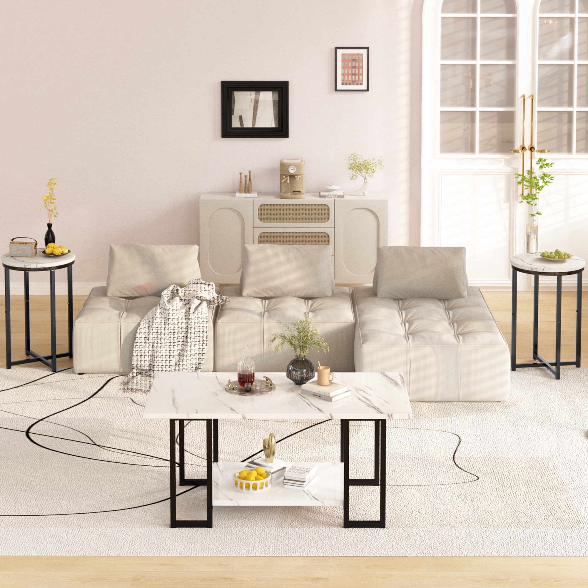Baxluxe Coffee Table Set of 3, Faux Marble Coffee Table with 2 Round End Side Tables, Modern Living Room Table Set with Metal Frame for Apartment Home Office Small Place, White