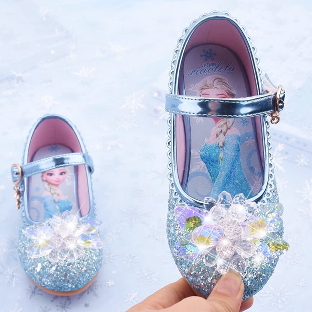 Zapatos casuales de dibujos animados de Disney para niñas, zapatos de tacón alto para niños, zapatos de fiesta de cuero con lazo de dibujos animados de frozen elsa, plantilla de 16,5 CM Gao Jinjia LED