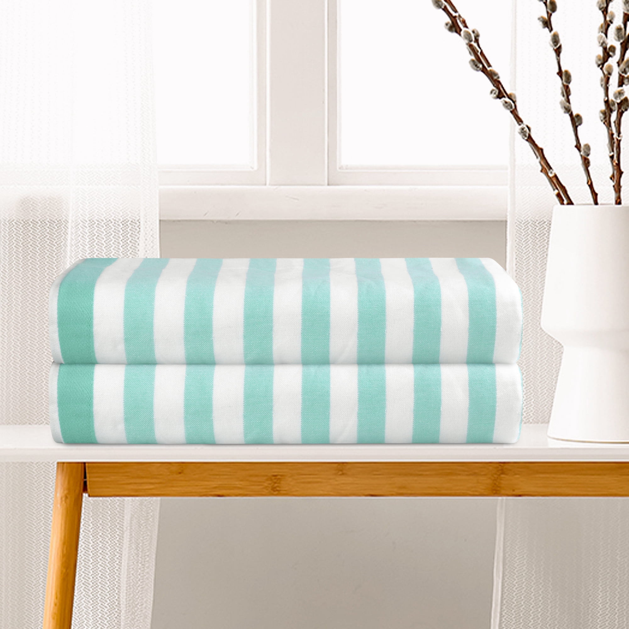 Unique Bargains Stripe 2 Pack Bath Towels Set Cotton Lightweight Towels for Bathroom Green 28" x 56"
