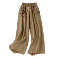 thumbnail image 6 of Siminsem Women's Cotton Linen Wide Leg Pants Elastic Waist Casual Trousers with Pockets Adjustable Drawstring Loose Fit Palazzo Summer Beach Lounge Vacation Outfits, Khaki, L, 6 of 8
