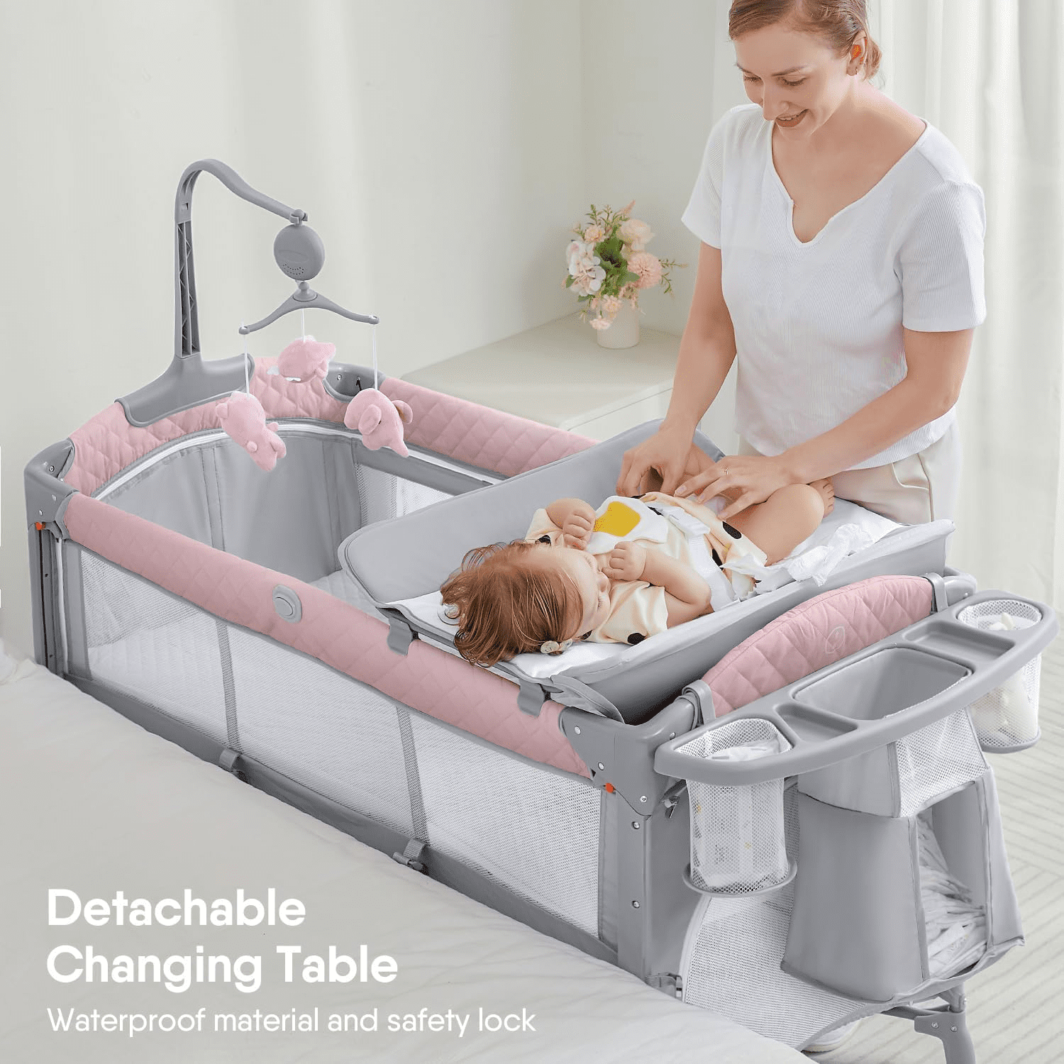 ADOVEL Baby Bassinet Bedside Crib, Pack and Play with Mattress, Diaper Changer and Playards from Newborn to Toddles,Pink