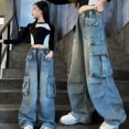 thumbnail image 5 of Miluxas Baggy Cargo Pants for Girls Wide Leg Jeans Streetwear Low Rise Oversized Jeans Blue 14-15Years, 5 of 7