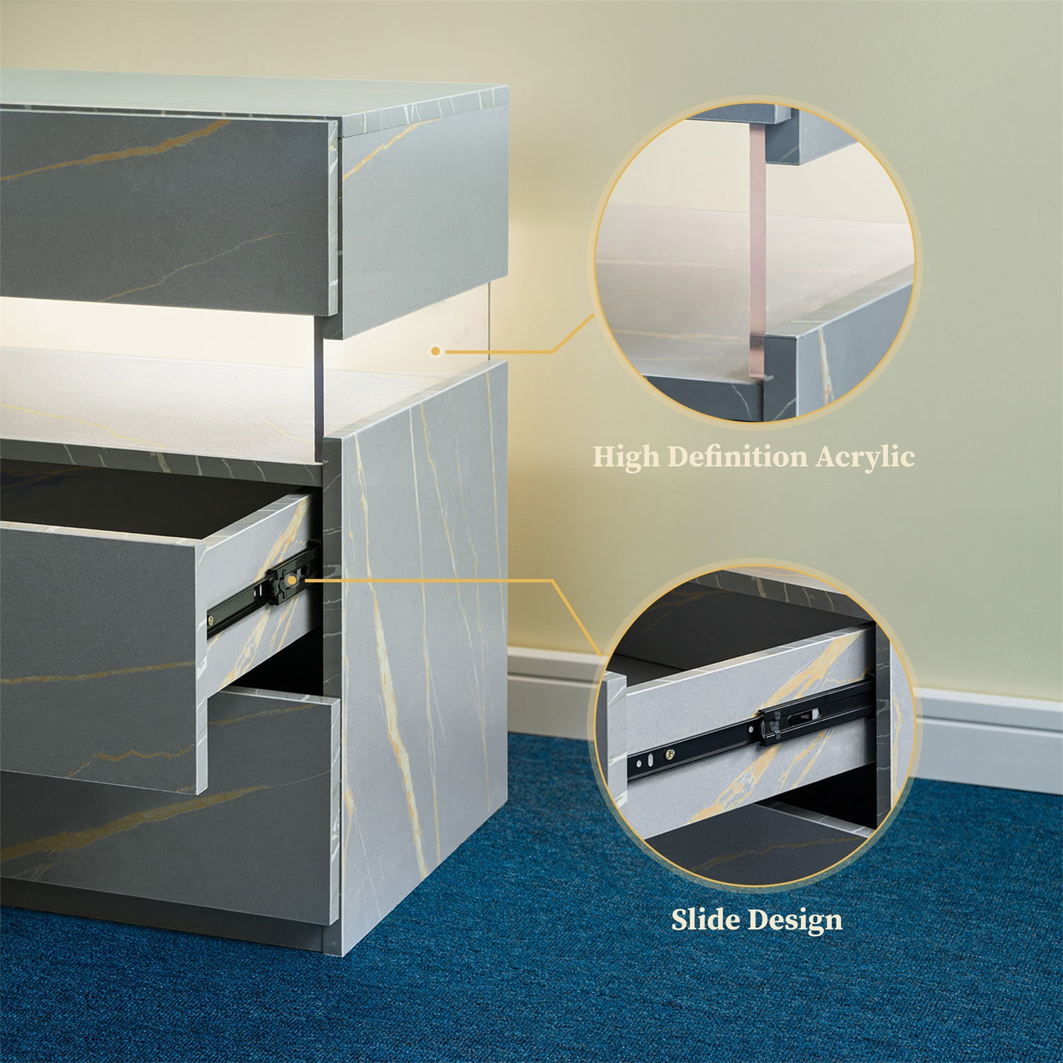 Hommoo 3 Drawer Dresser LED Nightstands, End Table Bedside Tables for Bedroom, Living Room, Gray Gold