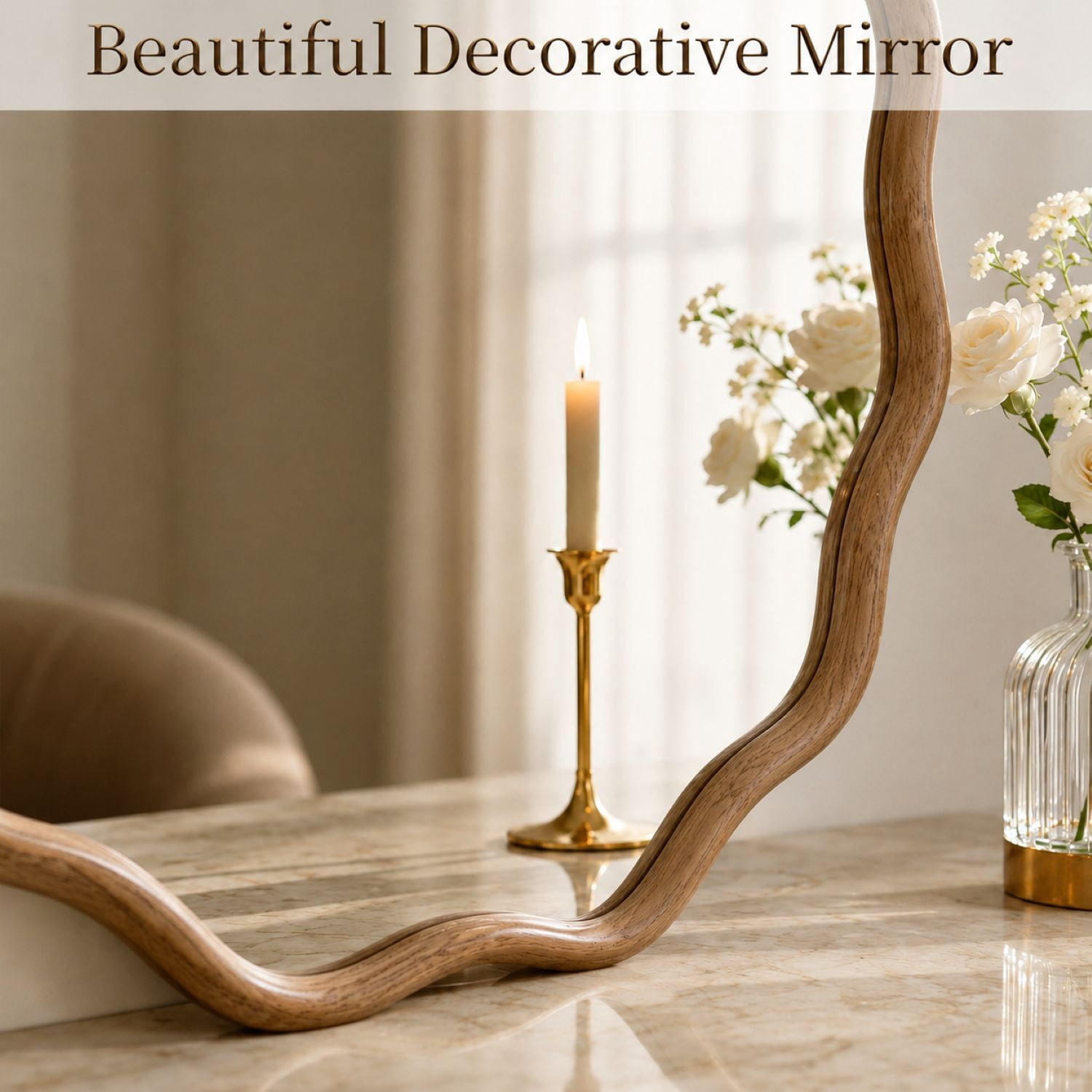Easy4Home 30" x 30" Wavy Round Bathroom Mirror Wall Decor with Wooden Frame, Natural Wood