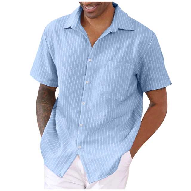 Summer Men's Lapel Button Short Sleeved Shirt Stripe Casual Top 2XL