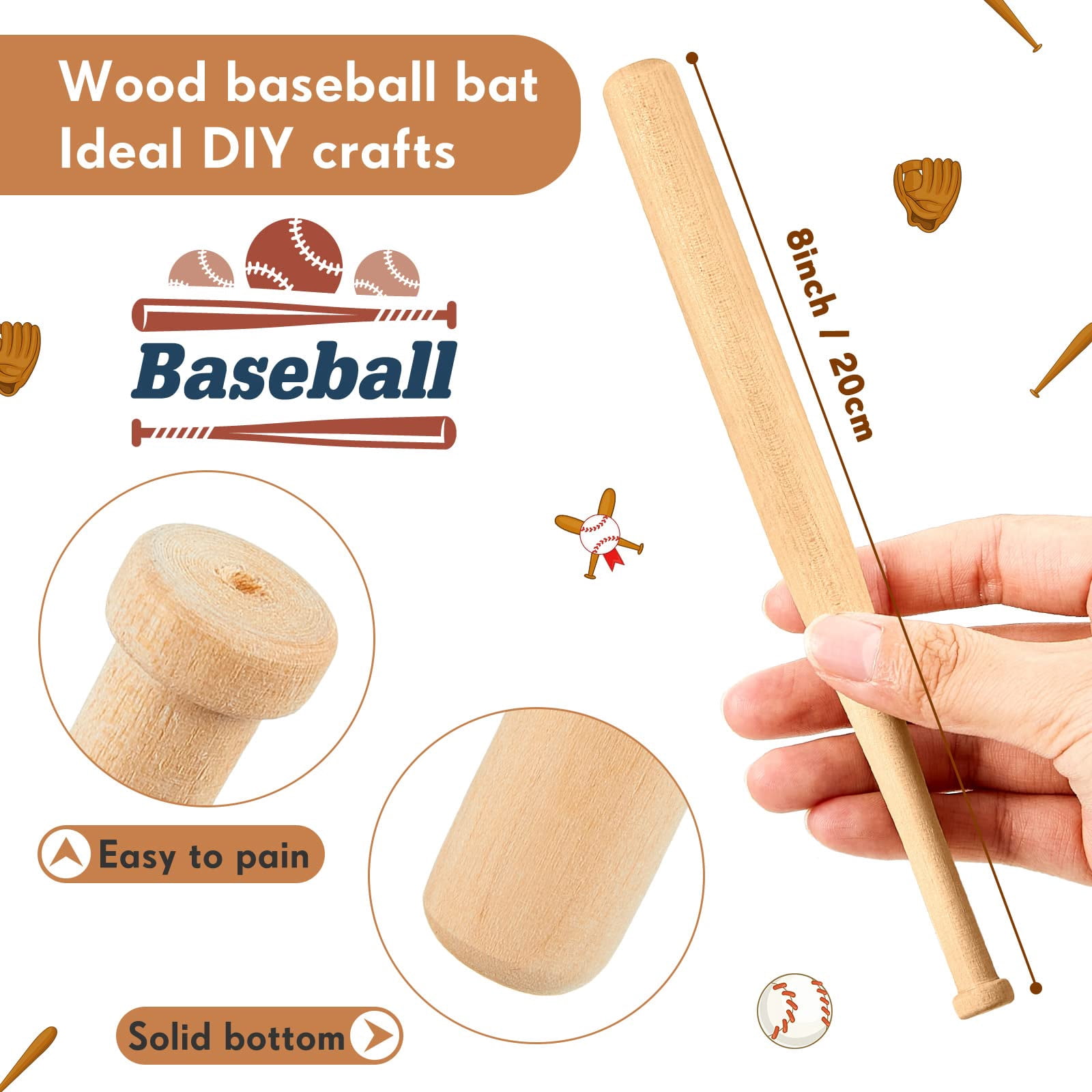 24 Pack Unfinished Mini Baseball Bat 8 Inch Unpainted Wood Baseball Bats for Painting Keychain Action Figures DIY Craft Projects Ball Sports Party Favors