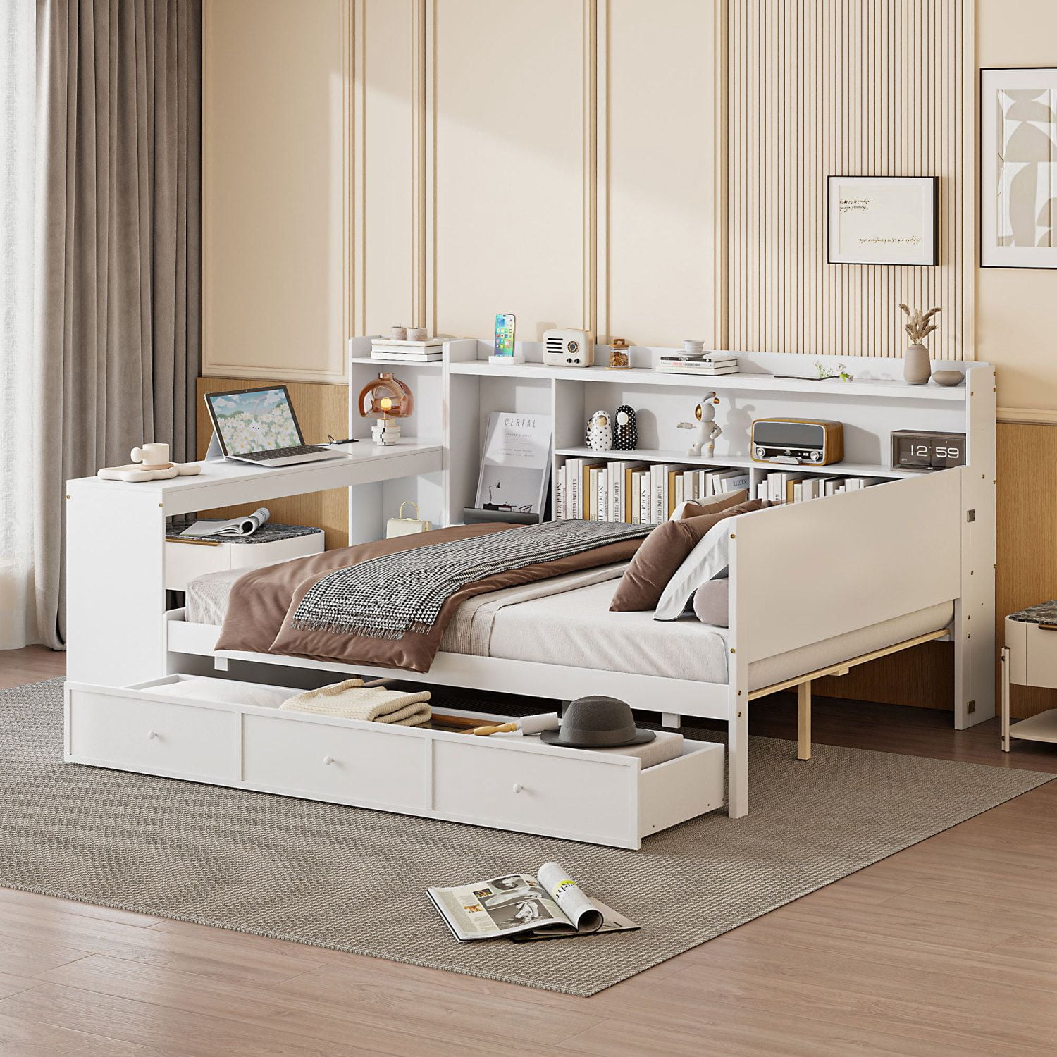Full Size Wooden Daybed with Desk, USB Ports, 3 Drawers, and Side Storage, Pine Wood Frame, 92.1 in
