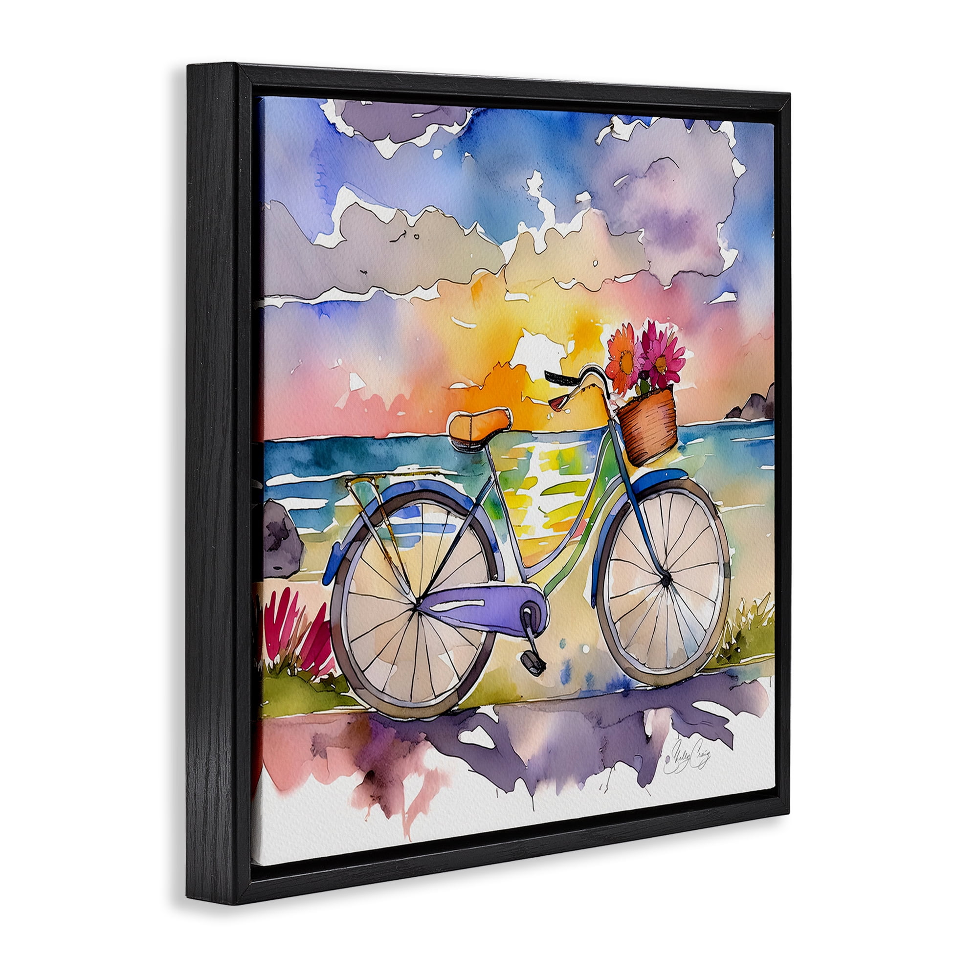 Stupell Industries Bicycle By The Seaside Black Framed Floater Canvas Wall Art, design by Shelly Craig