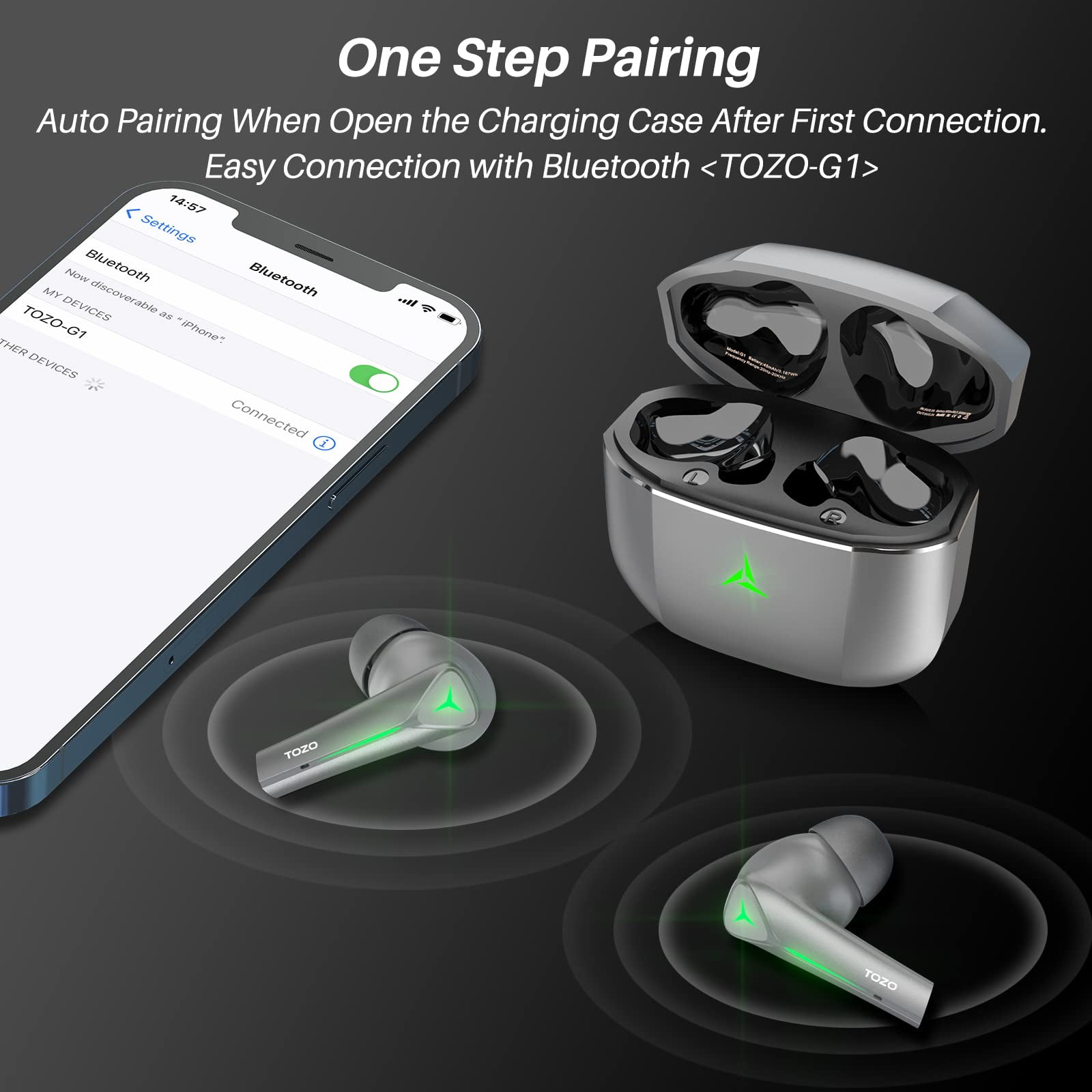 TOZO G1 Wireless Earbuds Bluetooth 5.3 Headphones with 45ms Ultra Low-Latency and Cool Breathing Light,Ergonomic Design,Gaming/Deep Bass Music Mode Headset Built-in Microphone,Stereo Sound,Space Gray